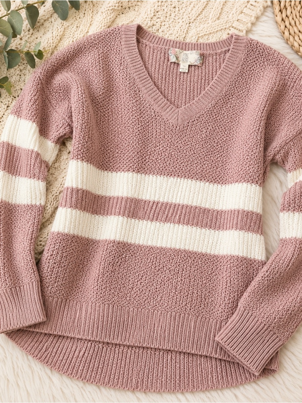 Cottagecore Dusty Rose & Cream Striped Knit Sweater Size L